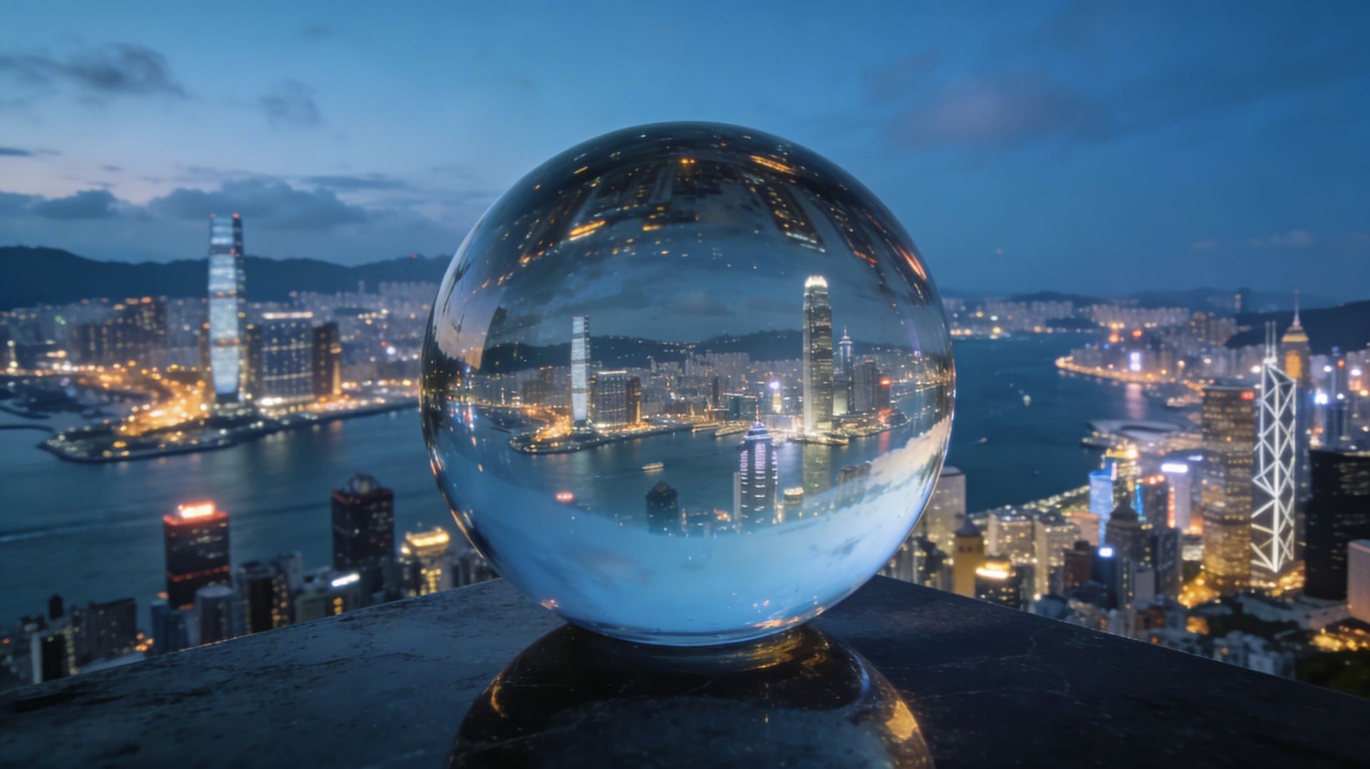 Crystal ball reflecting Hong Kong's Victoria Harbour skyline at dusk